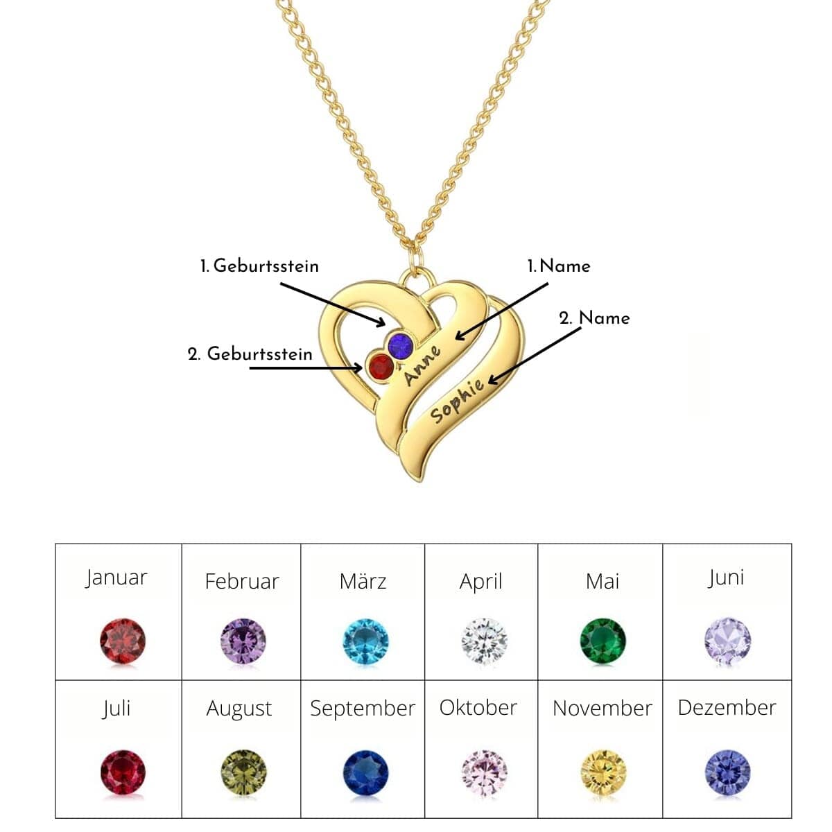 Halskette mit vereinten Herzen und Geburtssteinen Necklaces Loanya