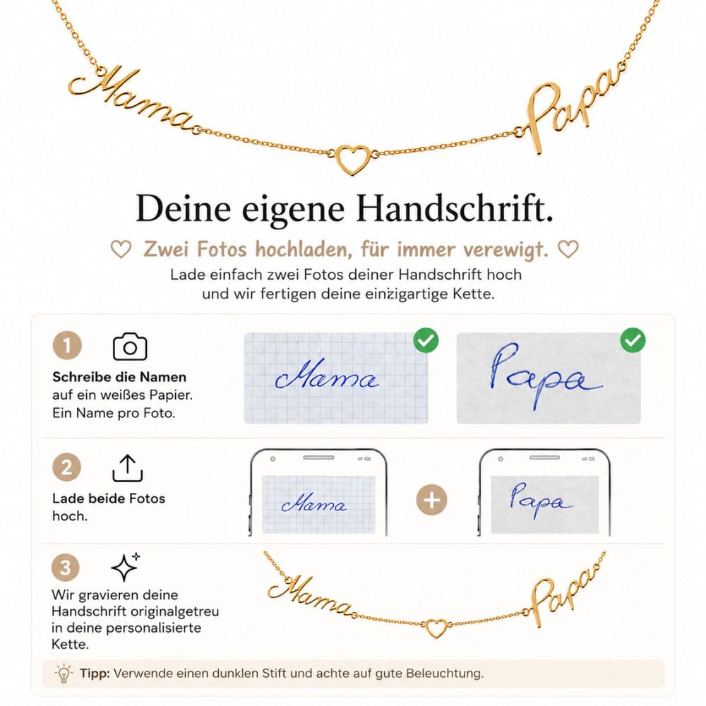 Handschrift Halskette mit 2 Namen & Herz