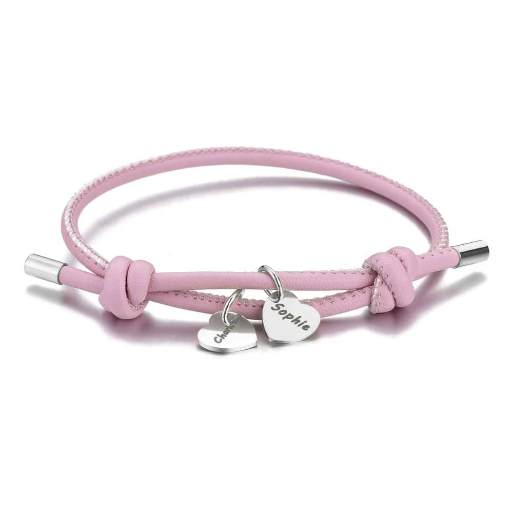 Veganes Lederarmband mit Herzanhängern Bracelet Loanya Silber Pink 