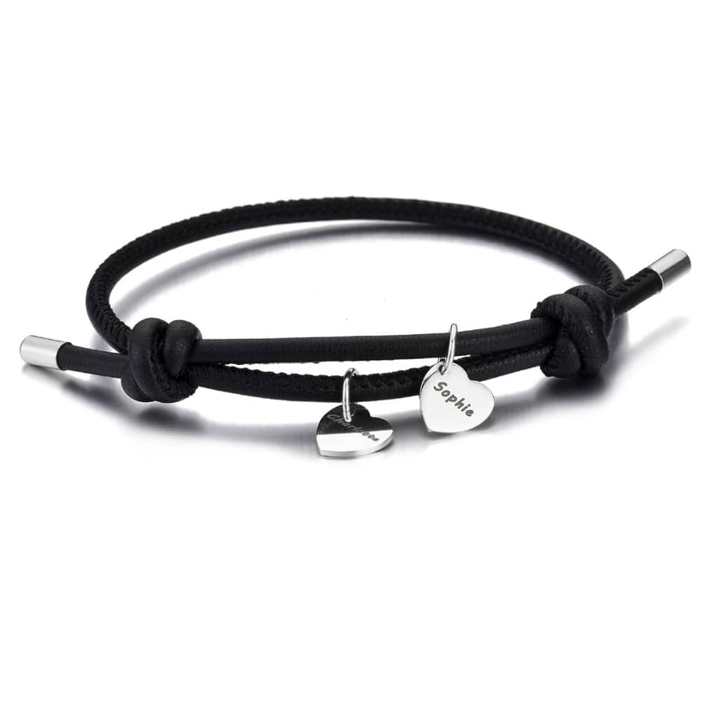 Veganes Lederarmband mit Herzanhängern Bracelet Loanya Silber Schwarz 