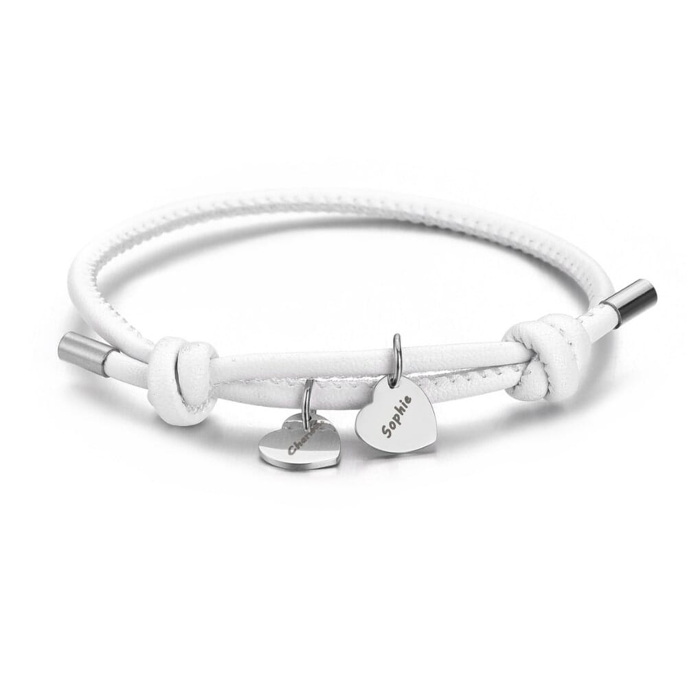 Veganes Lederarmband mit Herzanhängern Bracelet Loanya Silber Weiß 